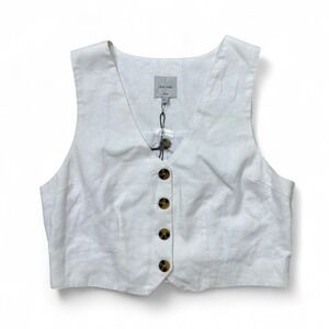 NWT Love Tree White Linen Blend‎ Cropped V-Neck Sleeveless Vest Back Bow Tie Lrg